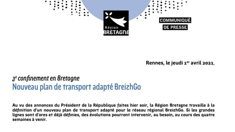 Adaptation du réseau BreizhGo suite à l’annonce du 3e confinement en Bretagne