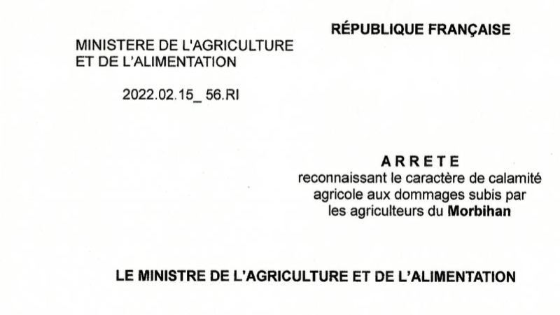 Arrêté ministériel – reconnaissance calamité agricole