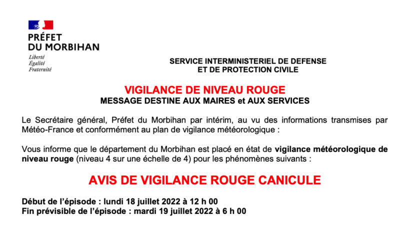Message d’alerte de la préfecture du Morbihan – 2022