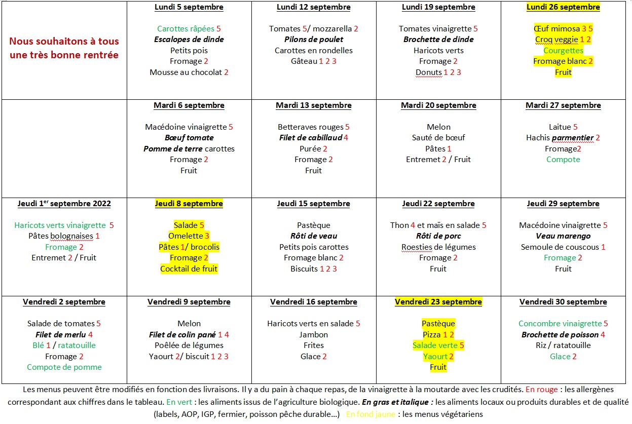 Les Menus Septembre 2022 Les Menus Septembre 2022