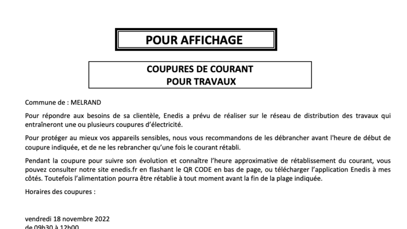 Enedis vous informe d’une coupure d’électricité sur la commune de MELRAND