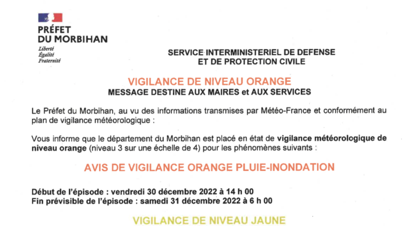 Message d’alerte de la préfecture du Morbihan – Déc 2022