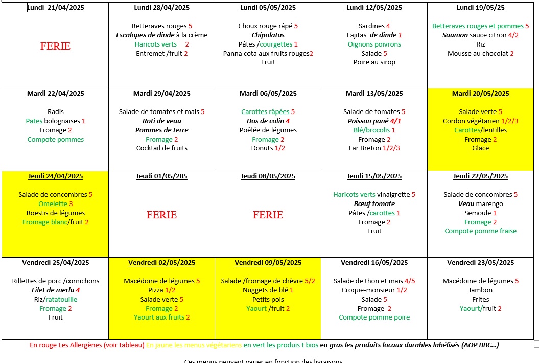 menus du lundi 21 Avril 2025 au 23 Mai 2025 menus du lundi 21 Avril 2025 au 23 Mai 2025