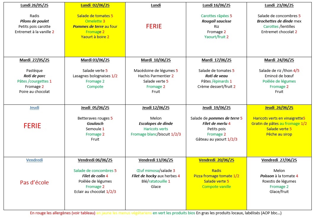 Menus du 26 Mai 2025 au vend 27 Juin2025 Menus du 26 Mai 2025 au vend 27 Juin2025
