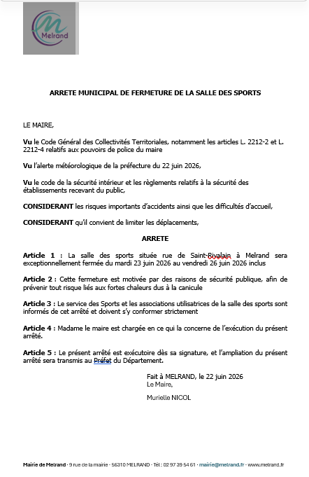 Fermeture de la salle de sport du 23 juin au 26 juin 2026