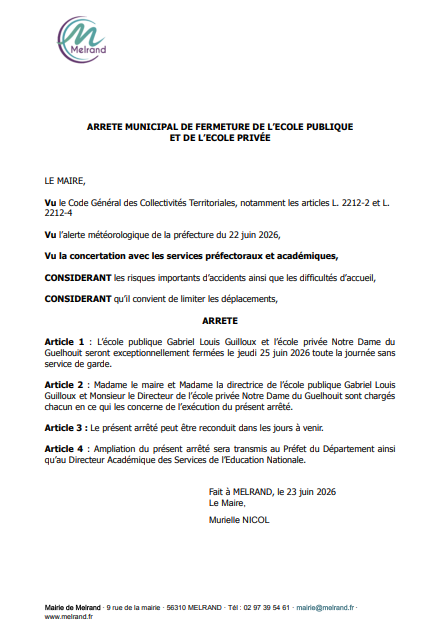 Fermeture des écoles publique et privée le jeudi 25 juin 2026