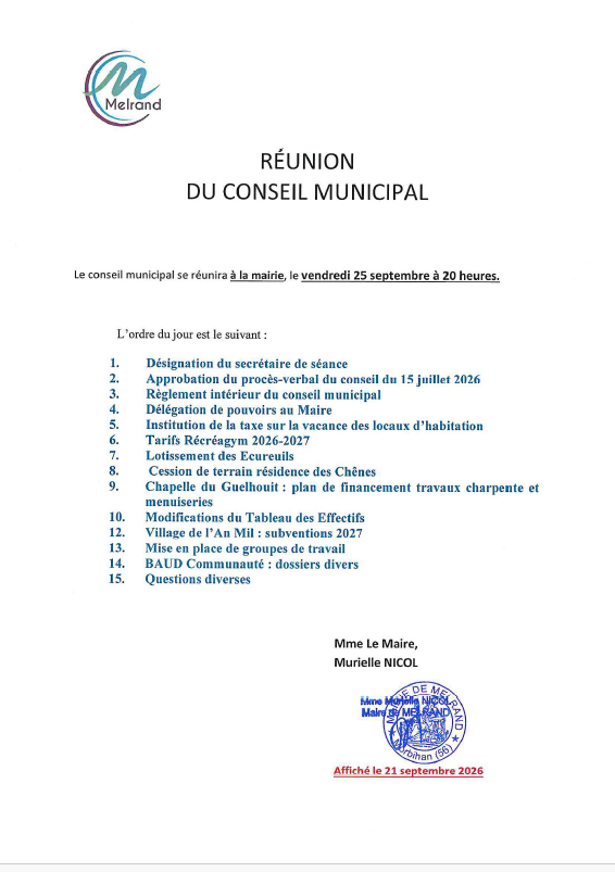 Conseil municipal du 25 septembre 2026