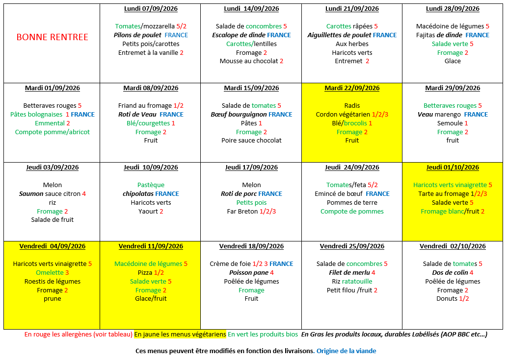 Menus du 01 Septembre au 02 Octobre 2026