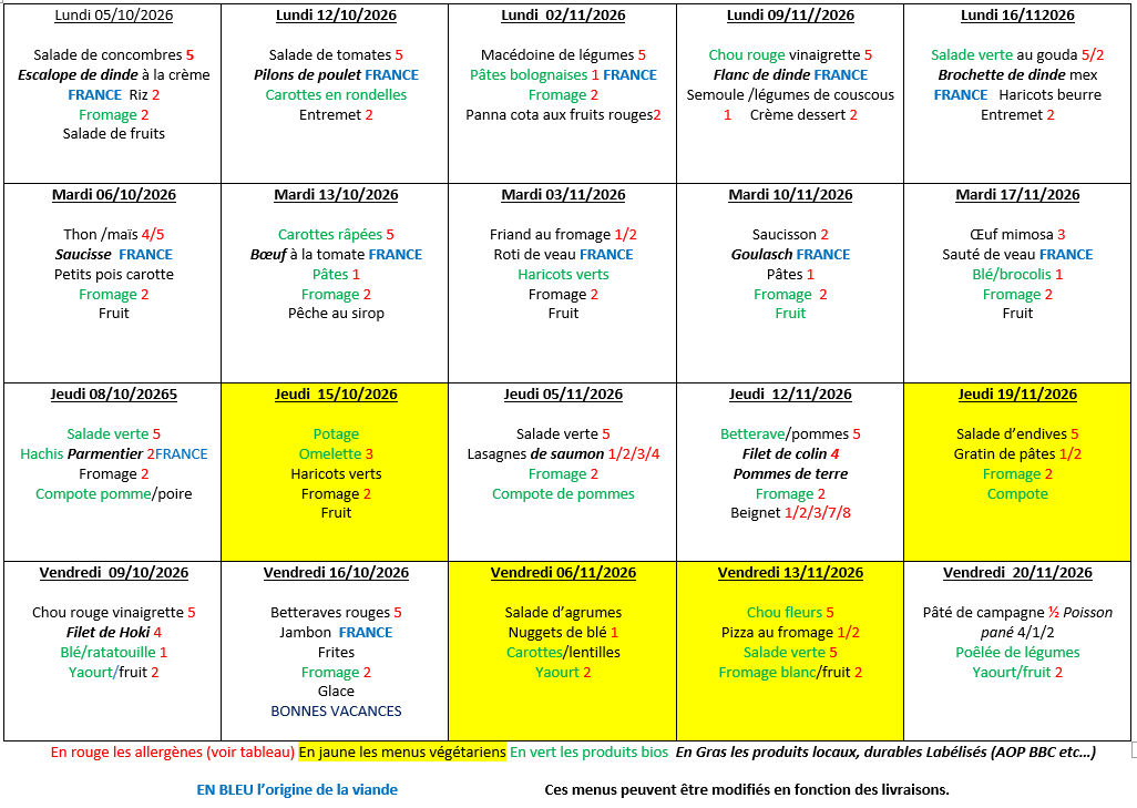 menus du 05 octobre au 20 novembre 2026